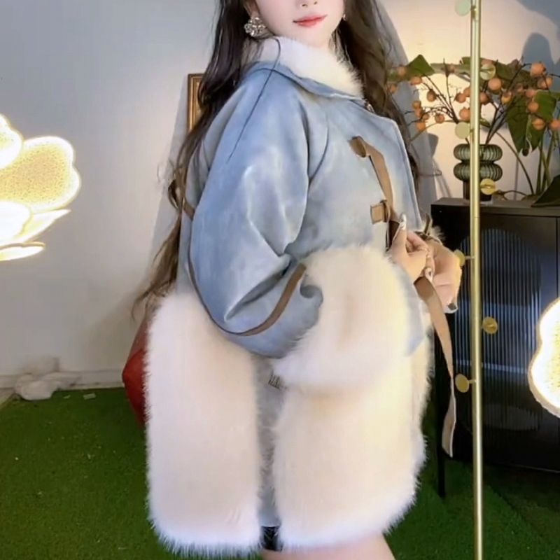 PU leather jacket with large fur collar